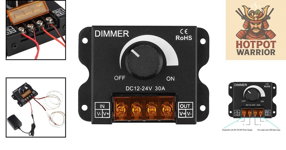 Compact LED Strip Dimmer - 12V-24V Controller with Adjustable Brightness Knob