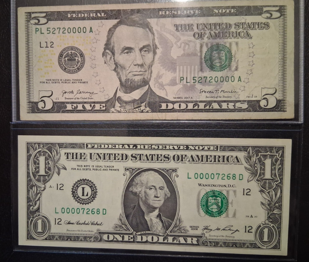 US ONE and FIVE DOLLARS 2006-2017 LOW SERIAL NUMBER VF