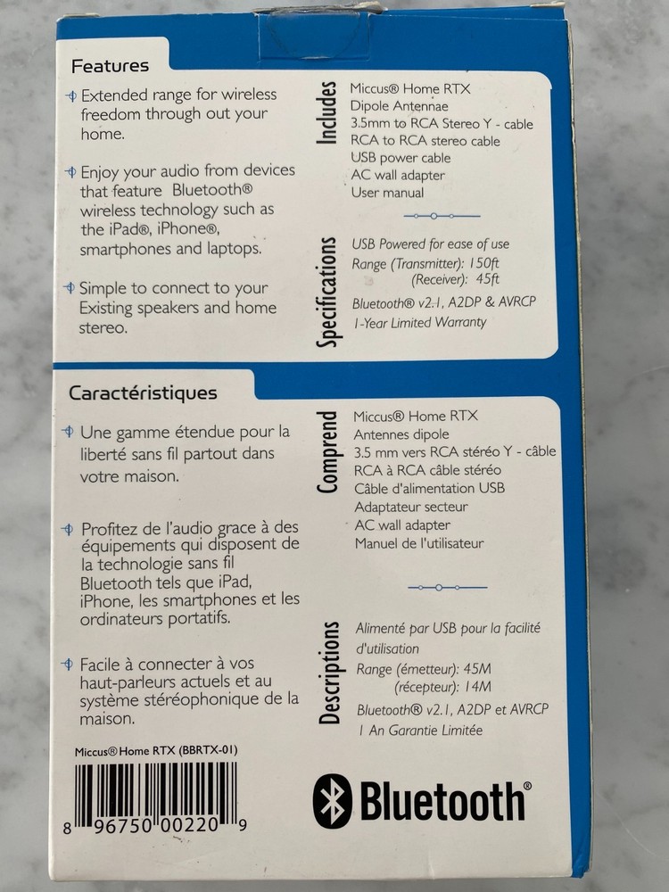 Miccus Home RTX Wireless Music Transmitter & Receiver NIB Bluetooth