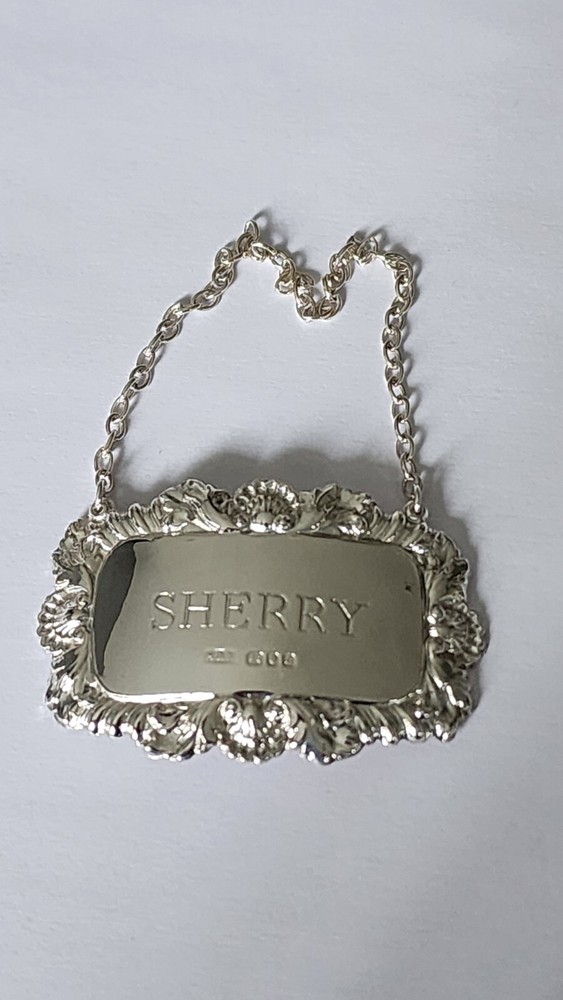 English Sterling Silver Cast Decanter Label / Tag "SHERRY"