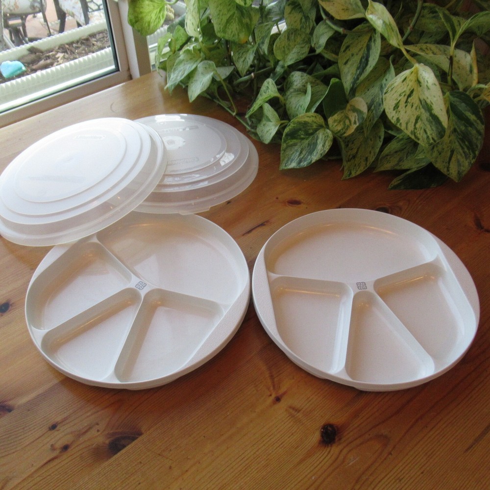 2 LittonWare Microwave Plastic Divided Plates Lids 4 Compartments White 44096