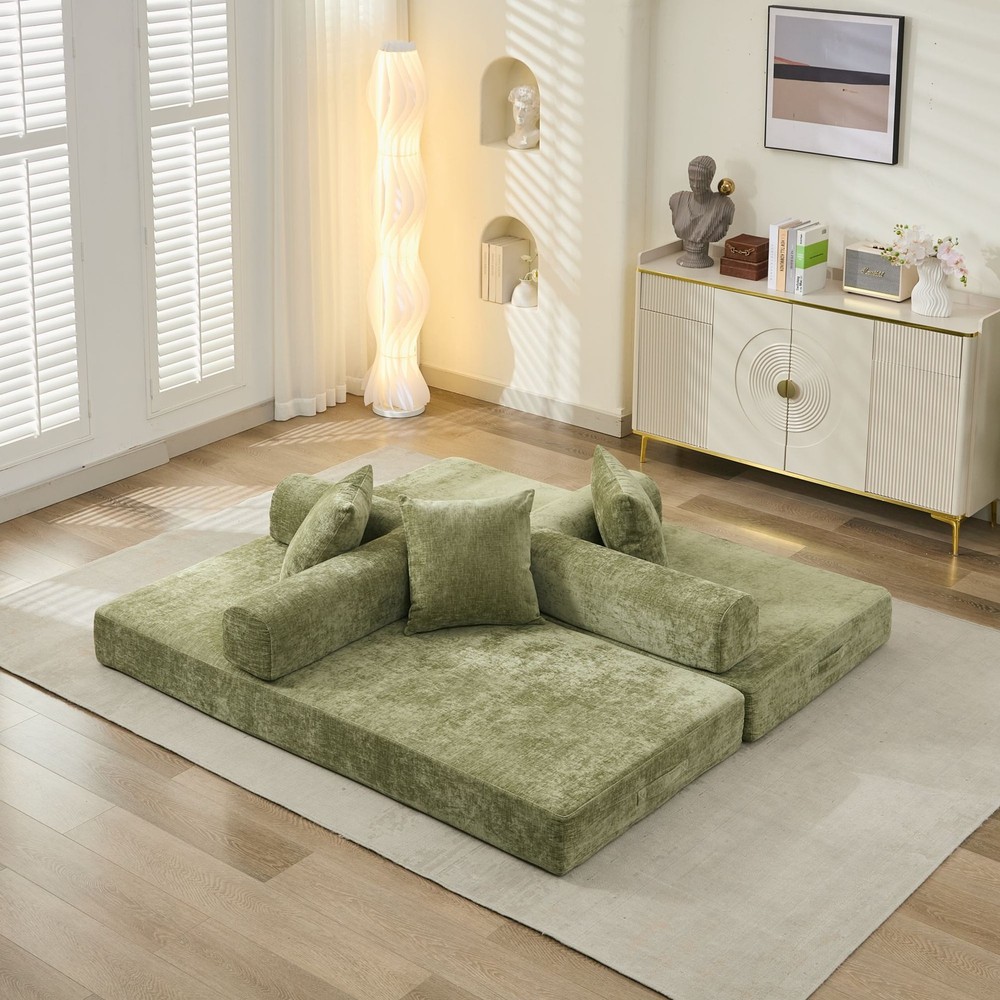 Multi-Functional Floor Sofa Convertible Folding Chenille Bed Sofa Couch Green