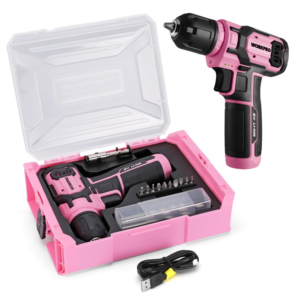 WORKPRO Pink /GrayPower Drill Set&Stackable Tool Box, 8V Cordless Drill Driver