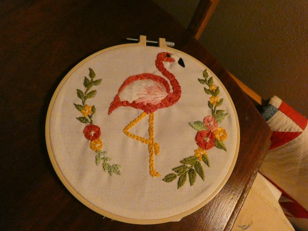 Flamingo Hand Embroidered Panel Vintage