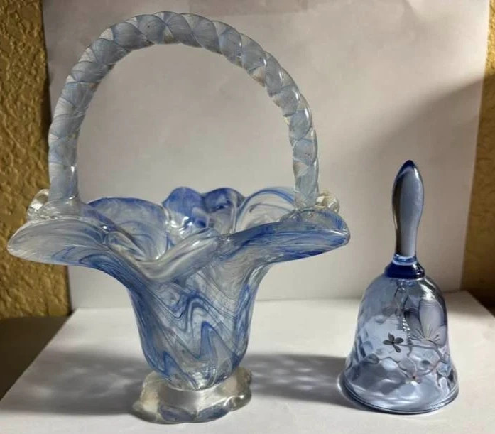Fenton Diamond Optic Hand Painted Blue Bell & Basket w/ Handle