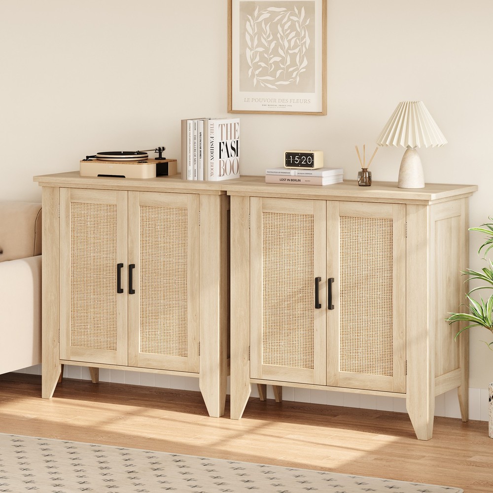 Buffet Cabinet for Storage, Kitchen Sideboard With Rattan Doors Adjustable Shelf