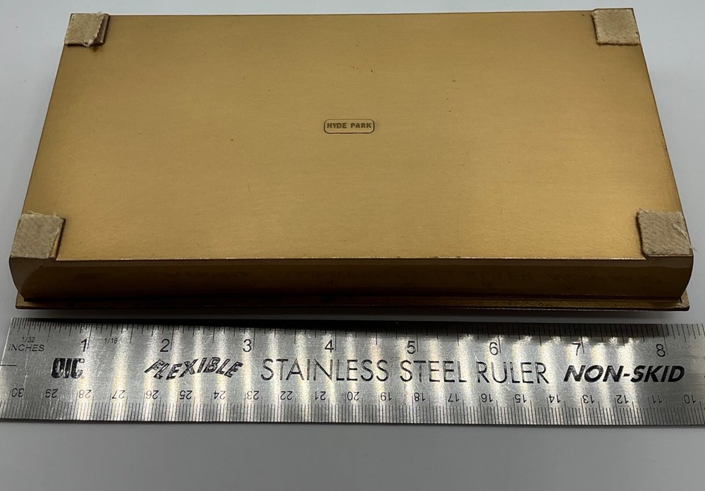 MCM Brass Hyde Park cork lined 8” box attached lid 2 sections 1950s monogram I