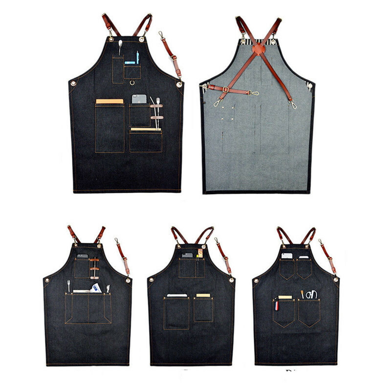 1PC Denim Bib Apron Leather Strap Barista Baker Bartender BBQ Chef Work Uniform