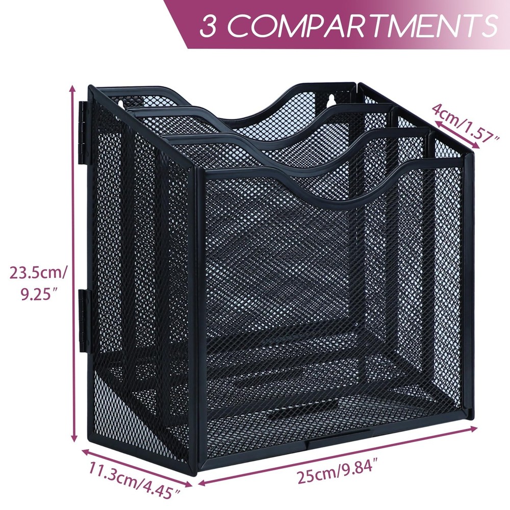 Desk File Organizer, Metal Mesh File Folder Holder Stand with 3 Vertical Comp...
