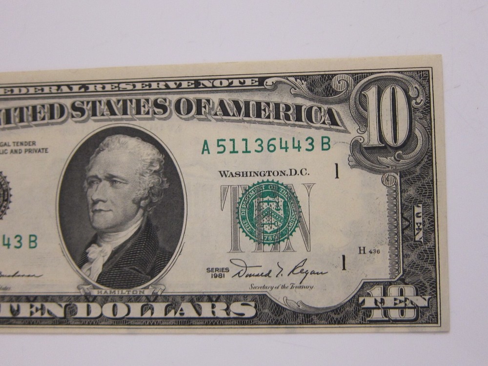 1981 $10 Printing Error on Back Uncirc #A51136443B