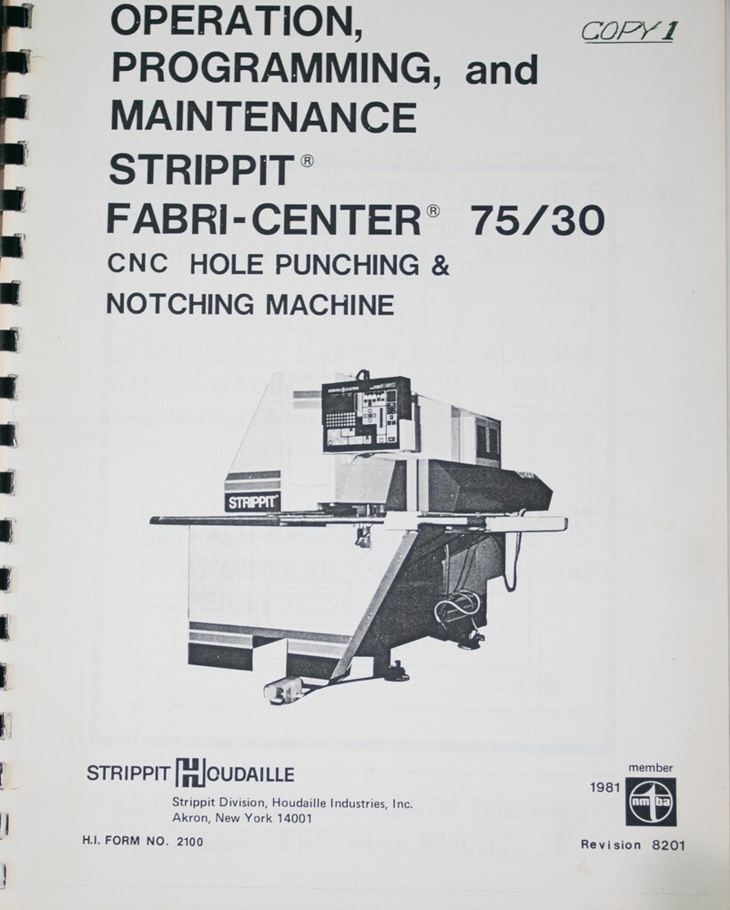 Strippit 75 30 Punch Machine CNC Operations, Programming and Maintenance Manual
