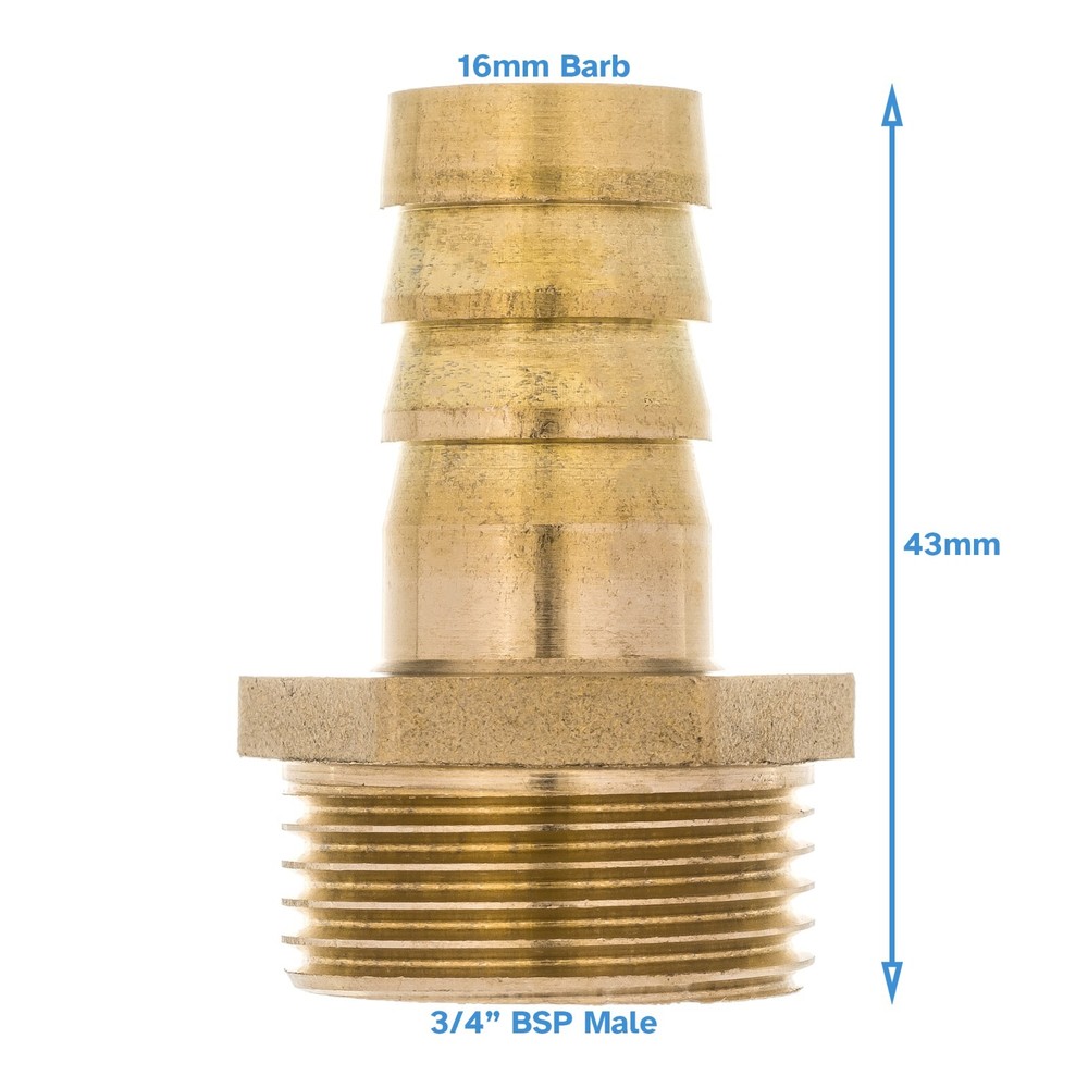 Brass 16mm Barb Hose - 3/4" BSP Male Threaded Pipe Fitting Tail Connector Thread