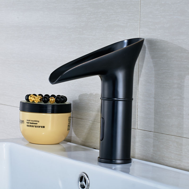 Black Bathroom Basin Faucet LED Automatic Sensor Waterfall Spout Touchless Mixer