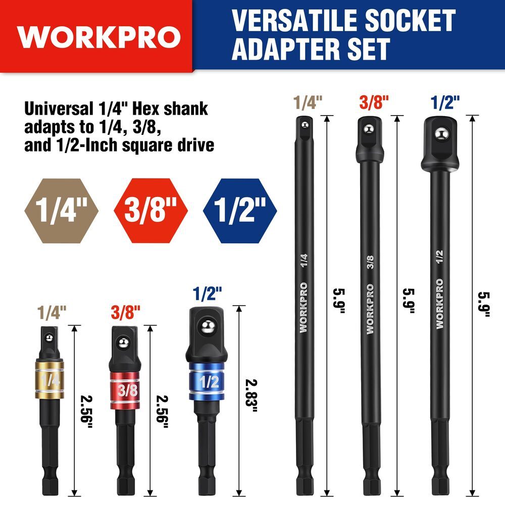 WORKPRO 9PCS Basic/Swivel/Long Impact Grade Socket Adapter Set 1/4" 3/8" 1/2" Dr