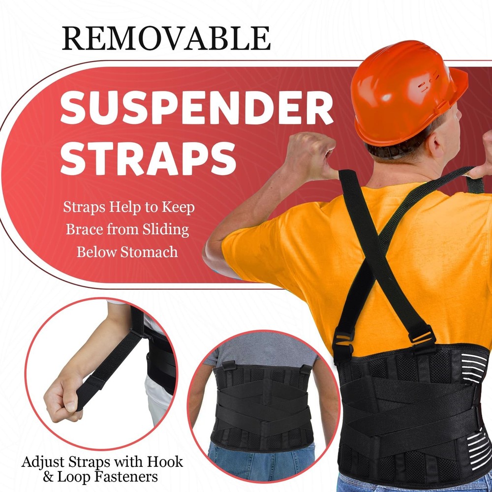 Plus Size 2XL/3XL Work Back Brace with 2 Removable Suspender Straps, Back Pos...