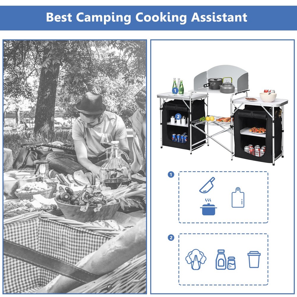 Folding Portable Aluminum Camping Grill Table w/ Storage Organizer Windscreen