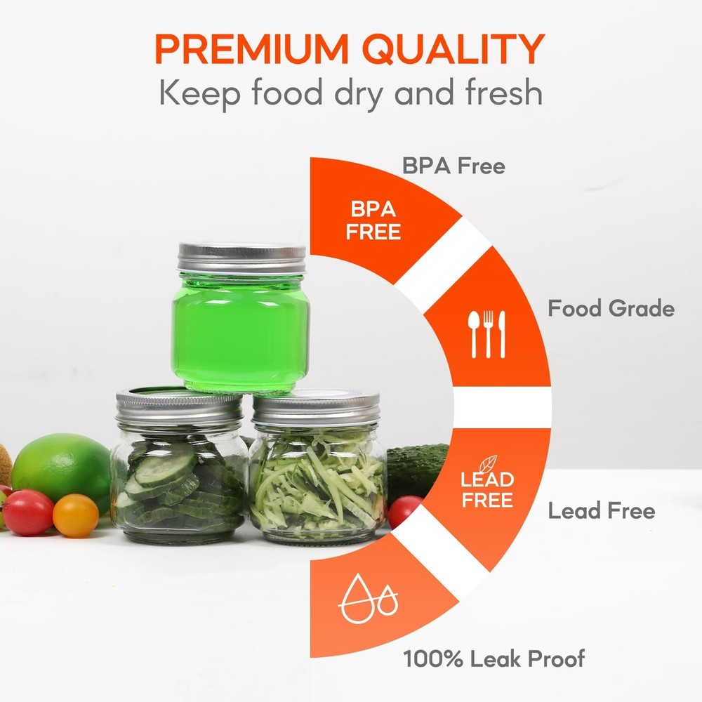 6 Pack Small Mason Jars 8 oz, Half Pint Canning Jars, 6 Split-Type Lids and E...