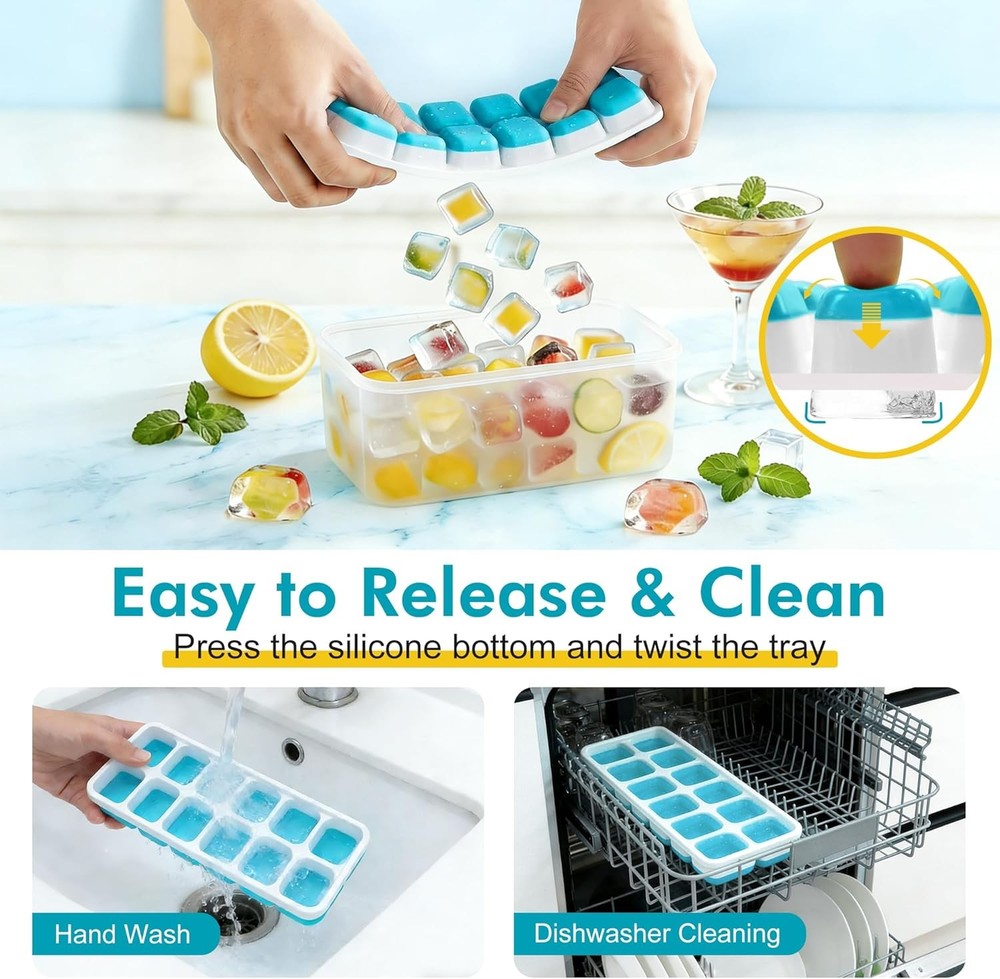 Ice Cube Tray with Lid & Bin - 4 Pack 48 Cubes Stackable Silicone Trays NEW US