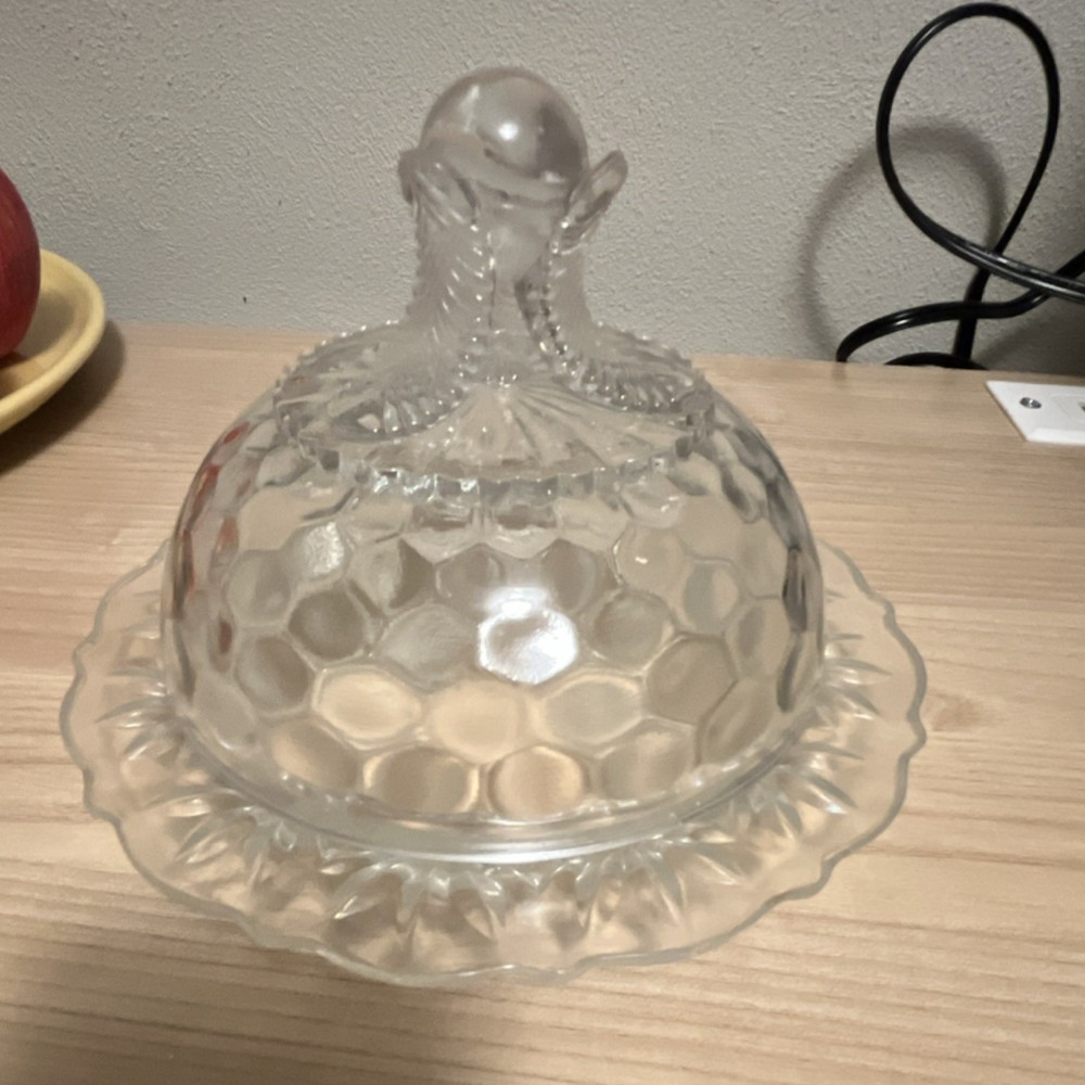 Clear Glass Covered Butter Dish with Honeycomb Geometric Pattern Lid