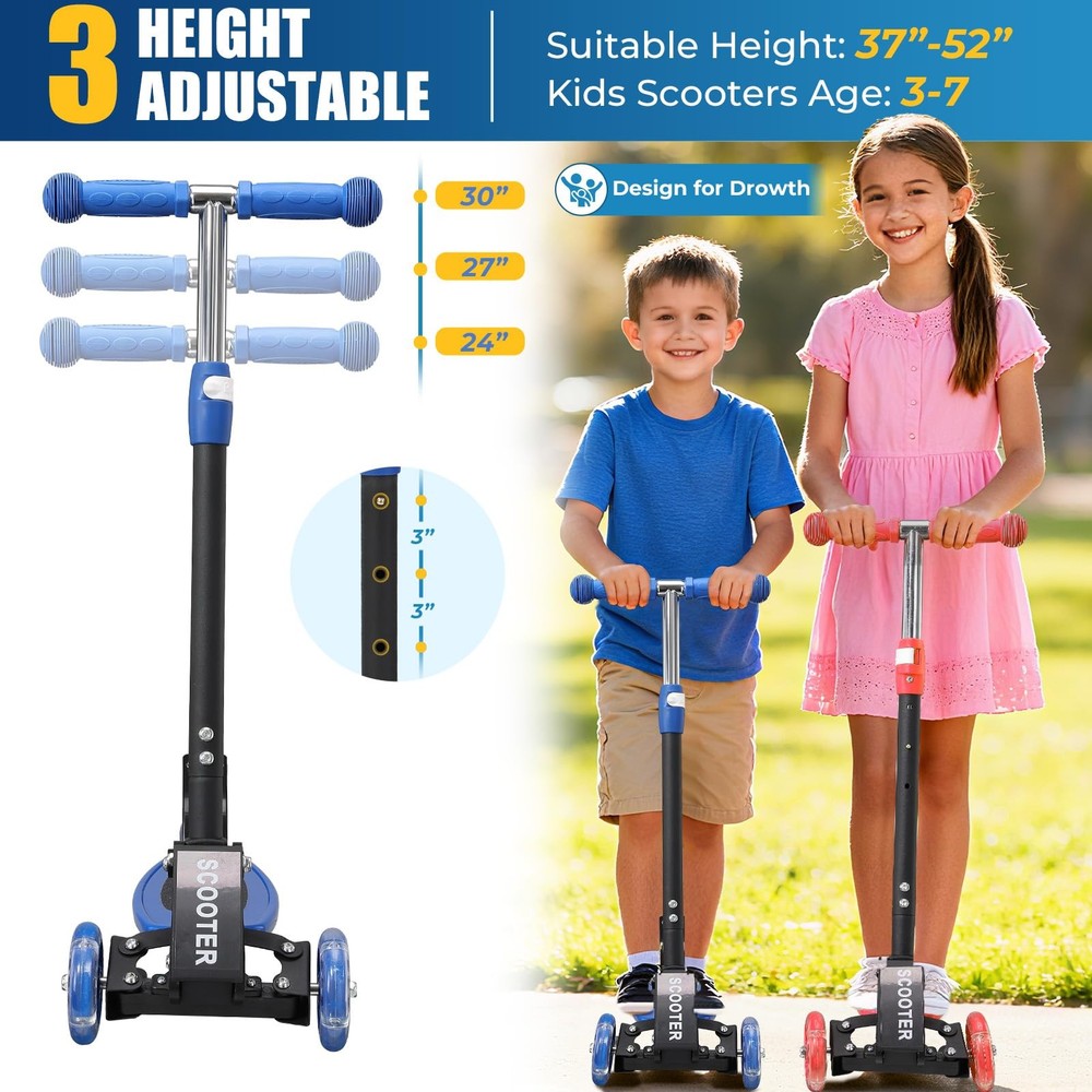 Kids Kick Scooter with LED Light-Up Wheels & Adjustable Handlebar, Foldable Desi