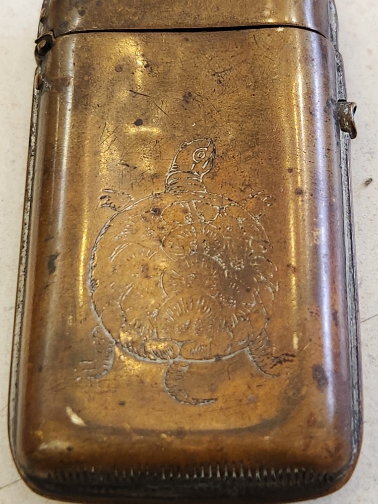 Antique Embossed TURTLE Vesta Case MATCH SAFE with Loaded Trigger Open Button
