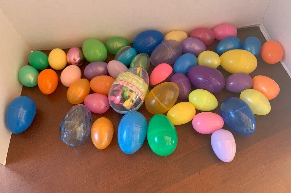 45 Assorted Plastic Easter Eggs: 33 (~2")  & 11 (~3" ) & Egg Full of Bunnies