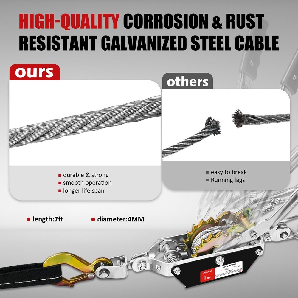 Come Along Winch 1 T Pulling Capacity 7 FT Steel Cable 2 Hooks Heavy Duty Rat...