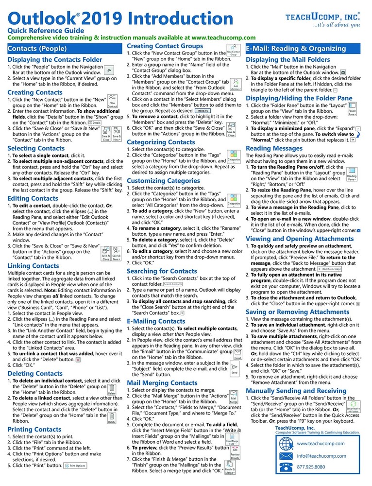 Outlook 2019 Training Guide Quick Reference Card 4 Page Cheat Sheet Instructions
