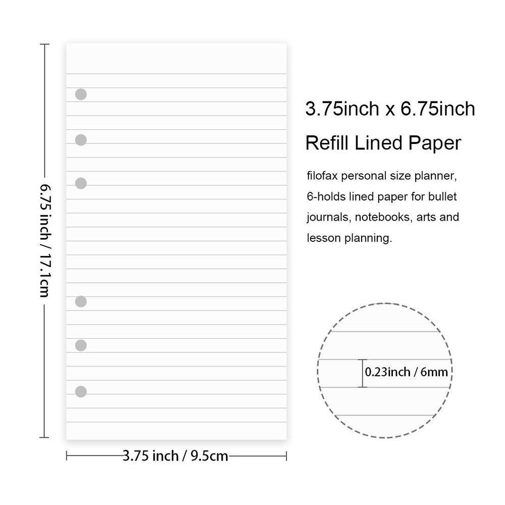 200 Sheets A6 Lined Paper for Filofax Personal Binder 200 Sheets, White