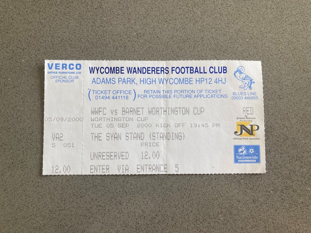Wycombe Wanderers v Barnet 2000-01 Match Ticket
