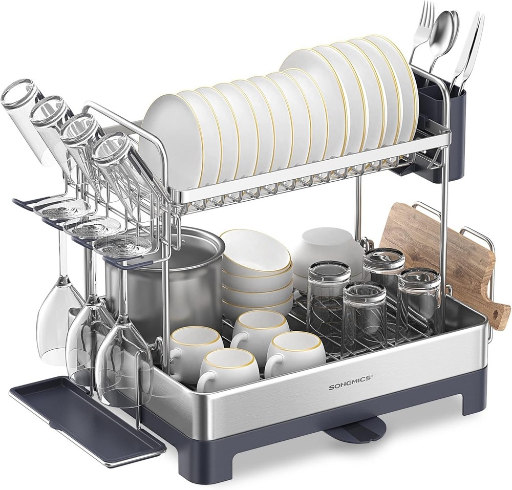 Dish Drying Rack 2 Tier Dish Rack Kitchen Counter W/ Rotatable & Extendable