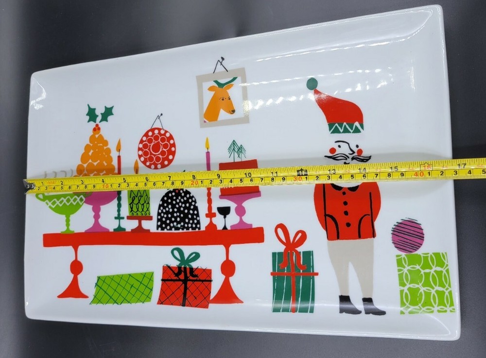CRATE & BARREL Jenny Bowers Rectangular Christmas Serving Platter Santa Gift