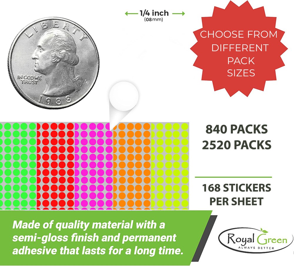 8mm Neon Color Coding Round Dot Stickers ~¼” Permanent Adhesive Circle Labels