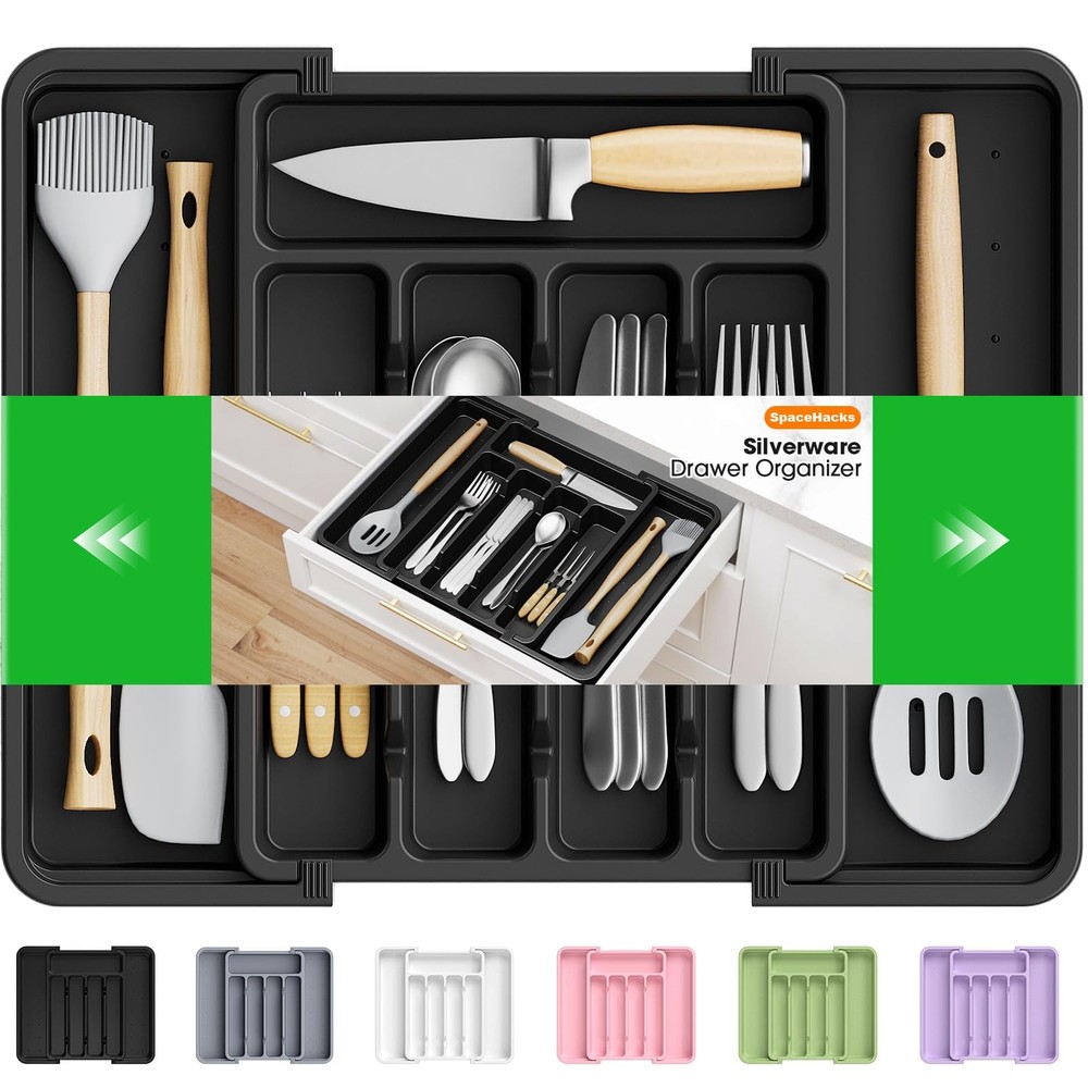 SpaceHacks Silverware Organizer，Adjustable & Expandable Utensil Medium, Black