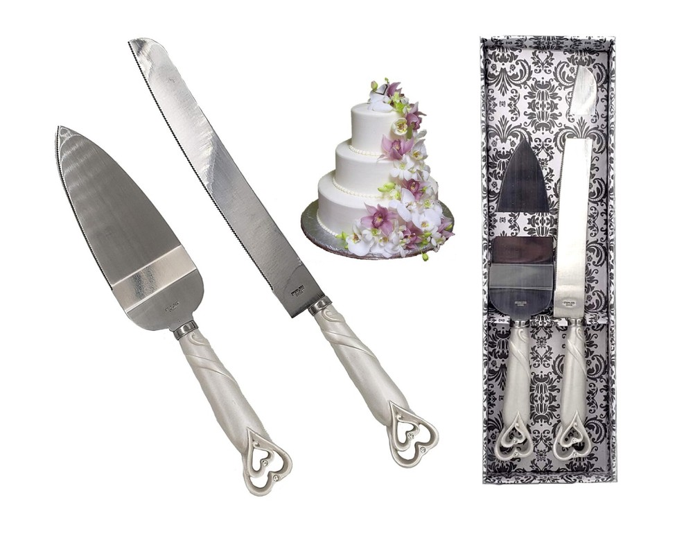 Interlocking Hearts Design Cake Knife and Server Set; Ivory Pearl; Rhinestone