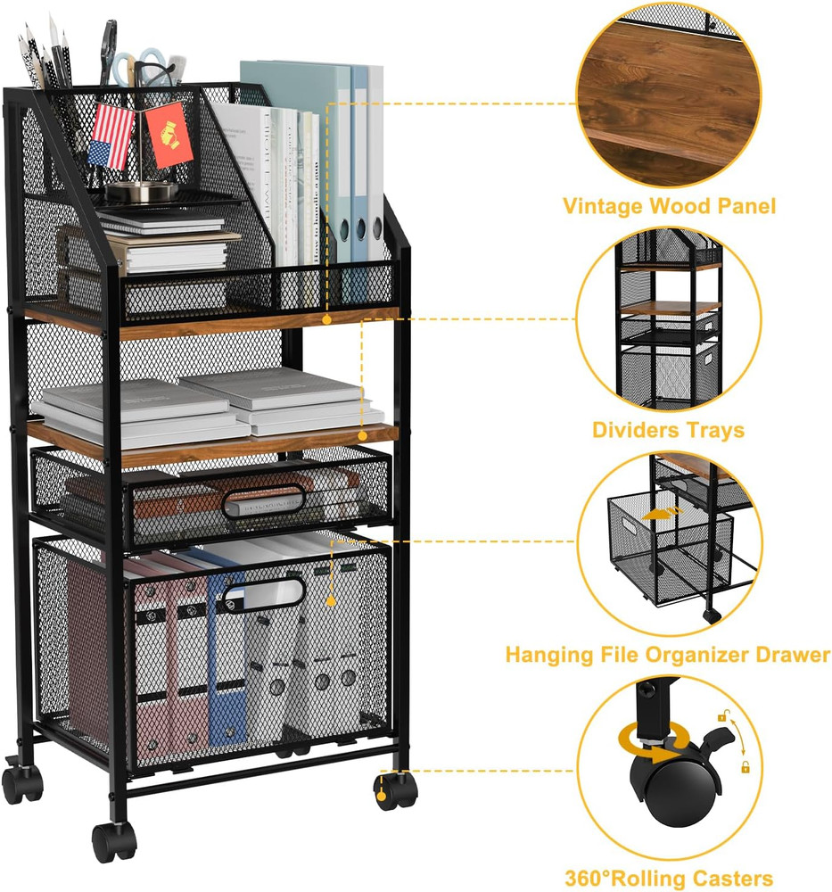 Rolling File Cart with 2 Storage Drawers Multipurpose under Desk File Organizer