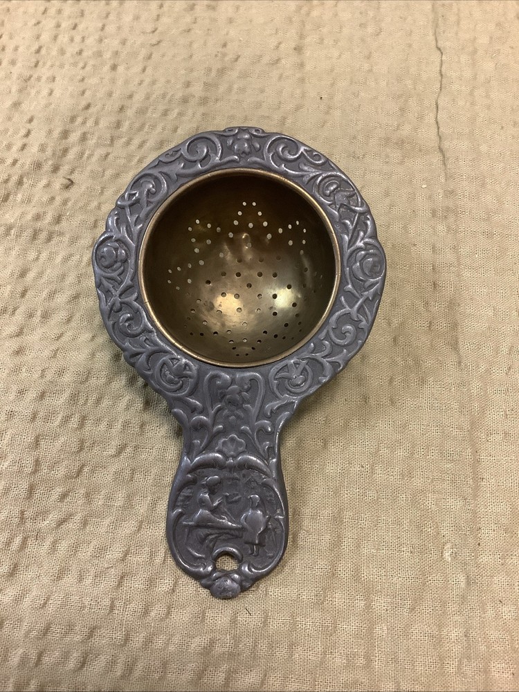 Antique German Silver Brass Tea Strainer 4” repousse'