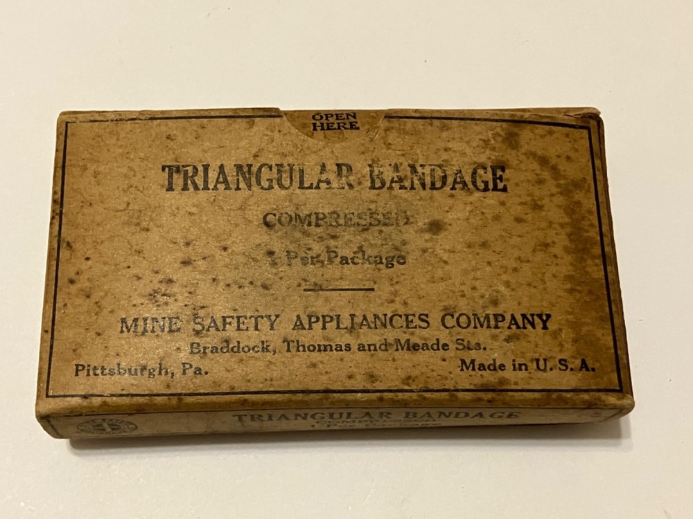 ANTIQUE MINE SAFETY APPLIANCES TRIANGULAR BANDAGE PITTSBURGH COAL MINING w BOX