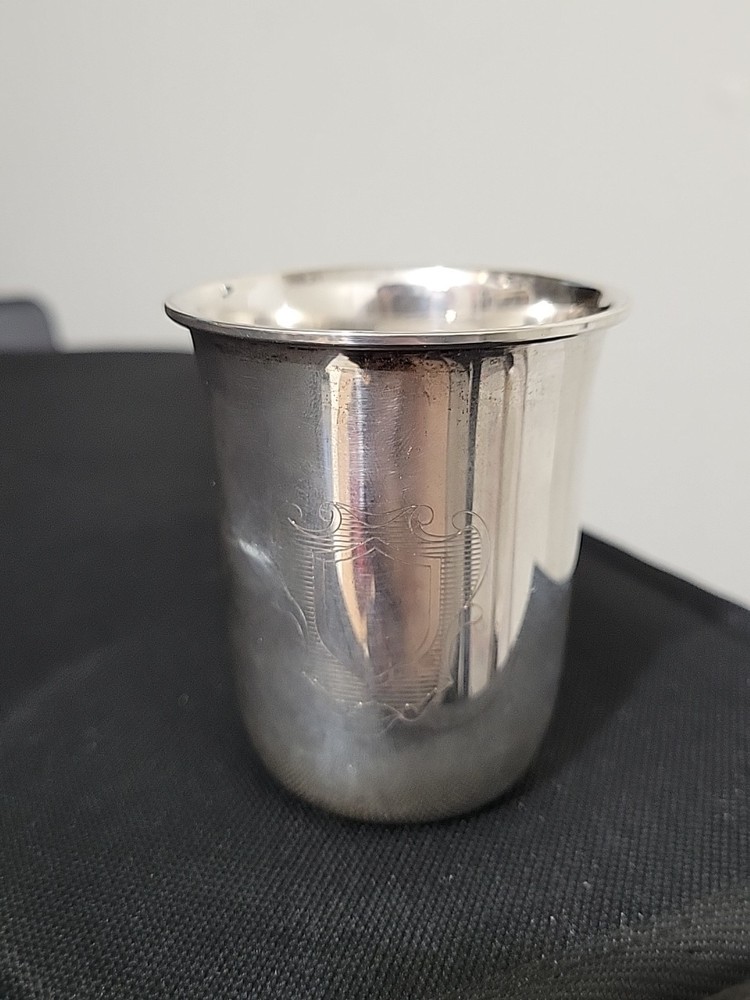 Buccellati Sterling Silver Engraved Cup with Shield, Vintage Italian Fine Silver