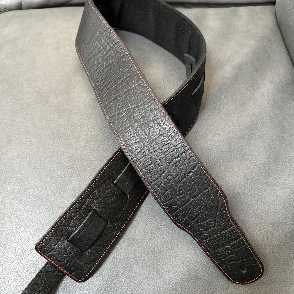 Leather Guitar Strap - Black Textured Thick-  3’ Wide