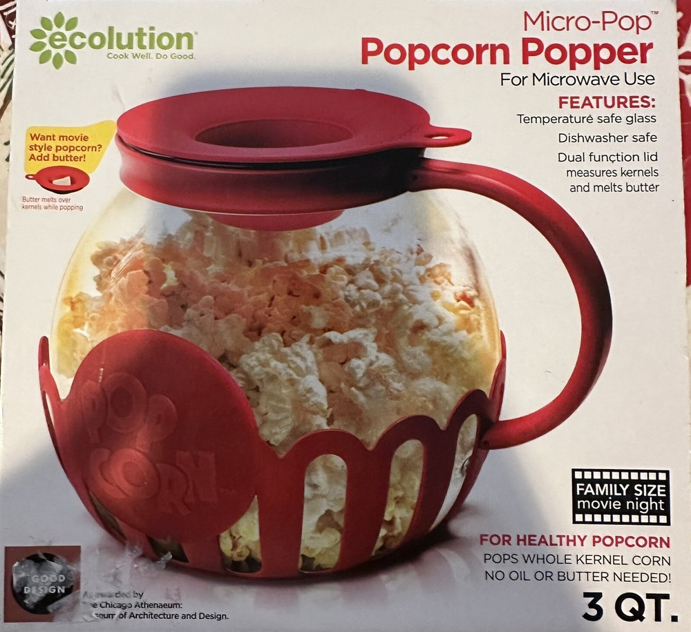 Microwave Popcorn Popper Glass Red Ecolution Micro-Pop 3 Quart In box easy clean