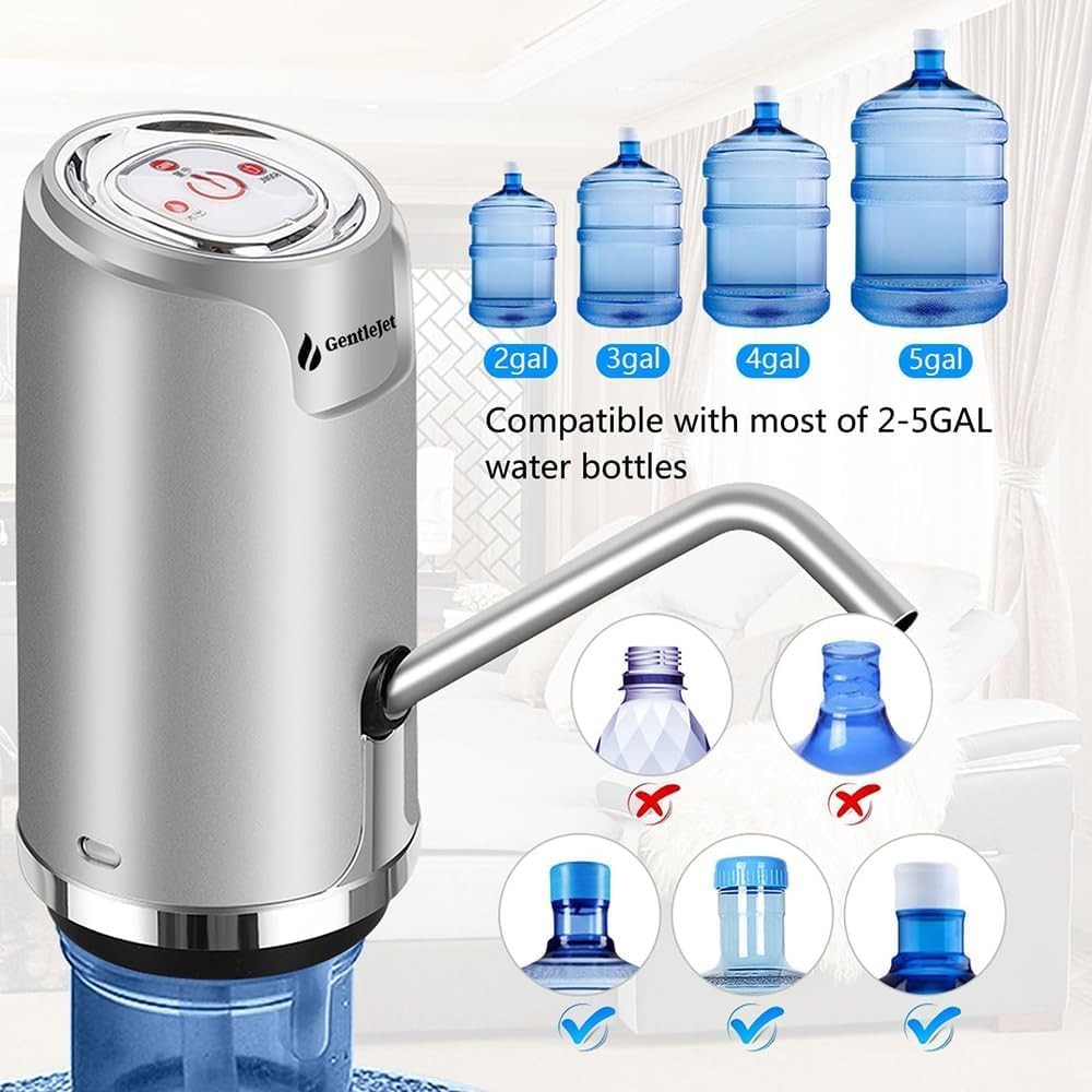 GentleJet Automatic Water Dispenser 5 Gallon USB Rechargeable Pump Silver