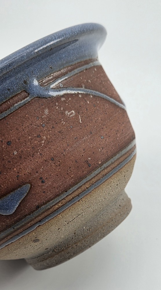 Stoneware Pottery Planter Pot Rustic Glossy Blue Raised Leaf Reddish Matte Small