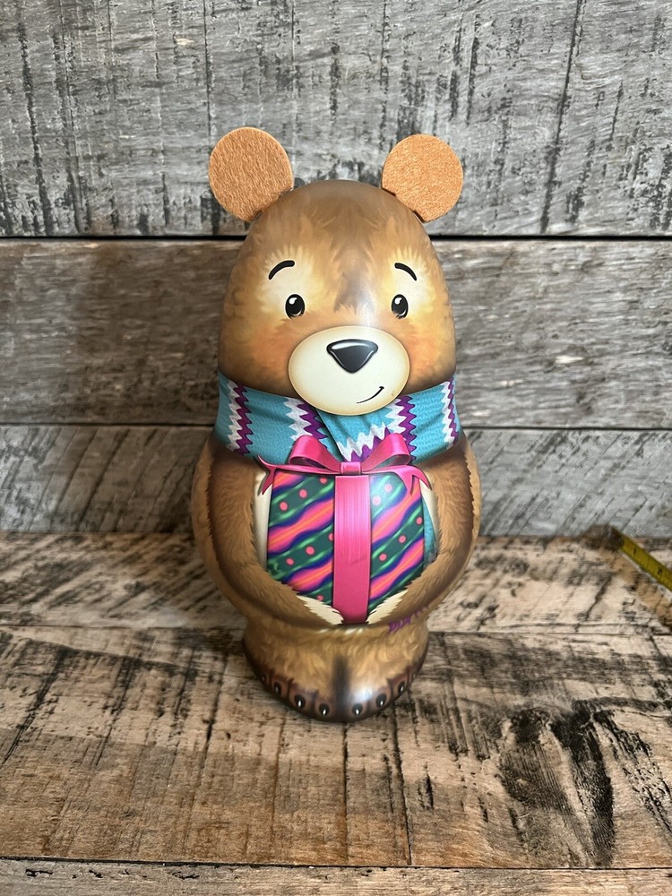 Decorative Christmas 10” Brown Bear Candy Etc. Tin Felt Ears EMPTY