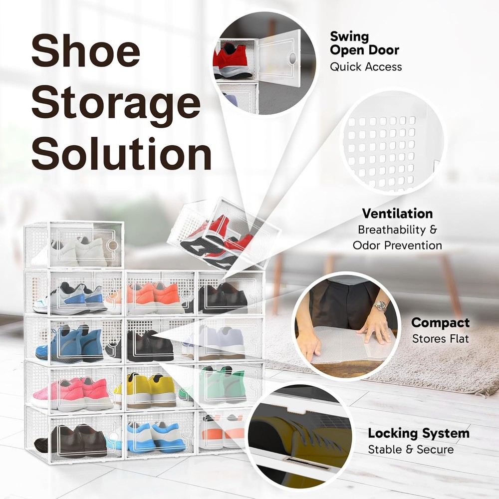 Reli. Shoe Boxes (14 Pack) | Clear Shoe Storage Boxes Stackable and Compact | Li