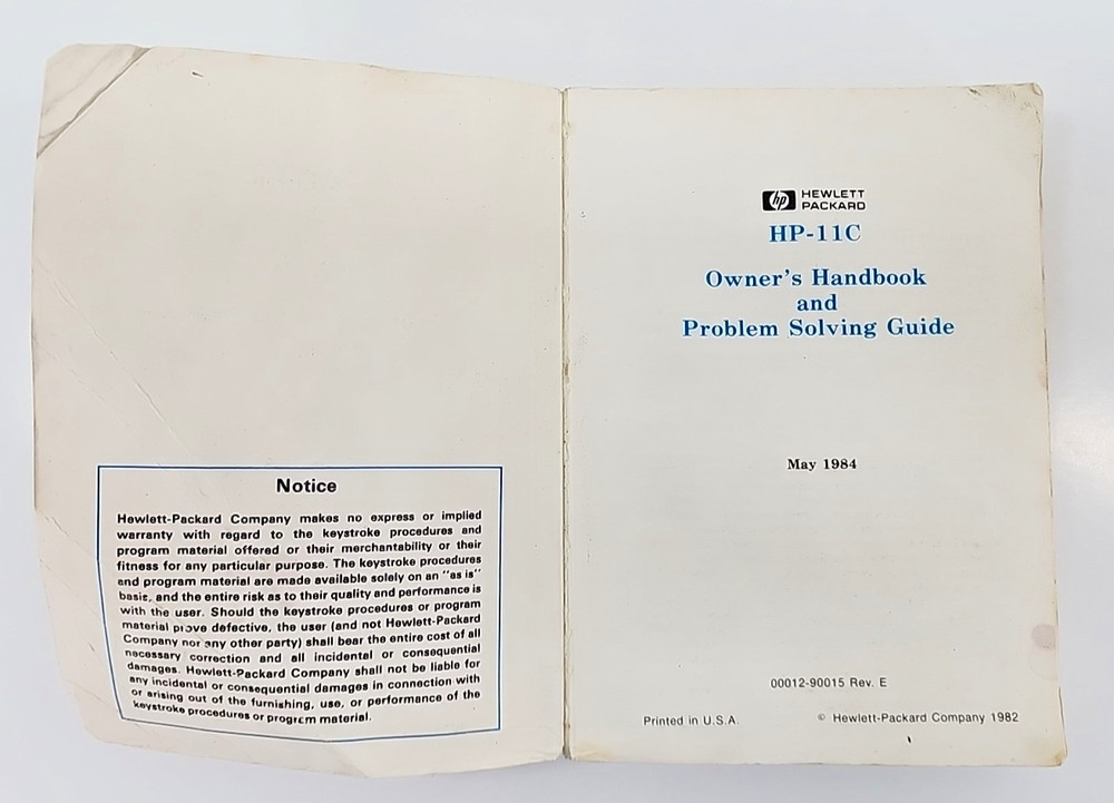 HP-11C Scientific Calculator Owner's Handbook Problem-Solving Guide Manual 1982