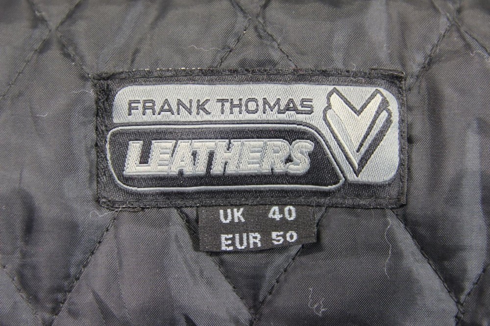 FRANK THOMAS BLACK LEATHER BIKER JACKET + BACK PROTECTOR & THERMAL LINING 36-38"