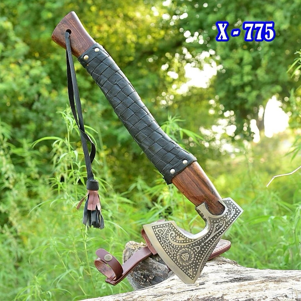 Tomahawk , Hatchet , Axe , Viking Throwing Axe Etching Head Leather Wrap Handle