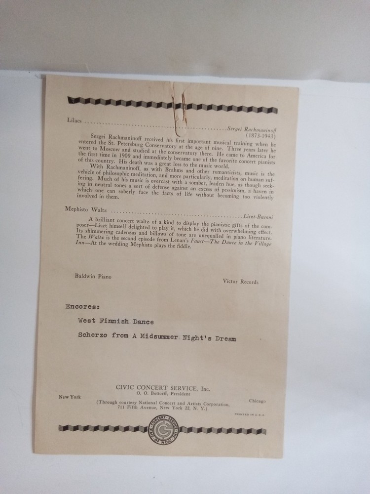 Benno Moiseiwitsch Signed Program Classical Pjanist Rachmanioff JSA