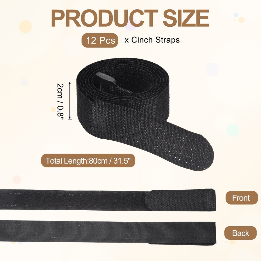 12pcs Reusable Cinch Straps 0.8"x31.5" Hook and Loop Cable Securing Strap, Black